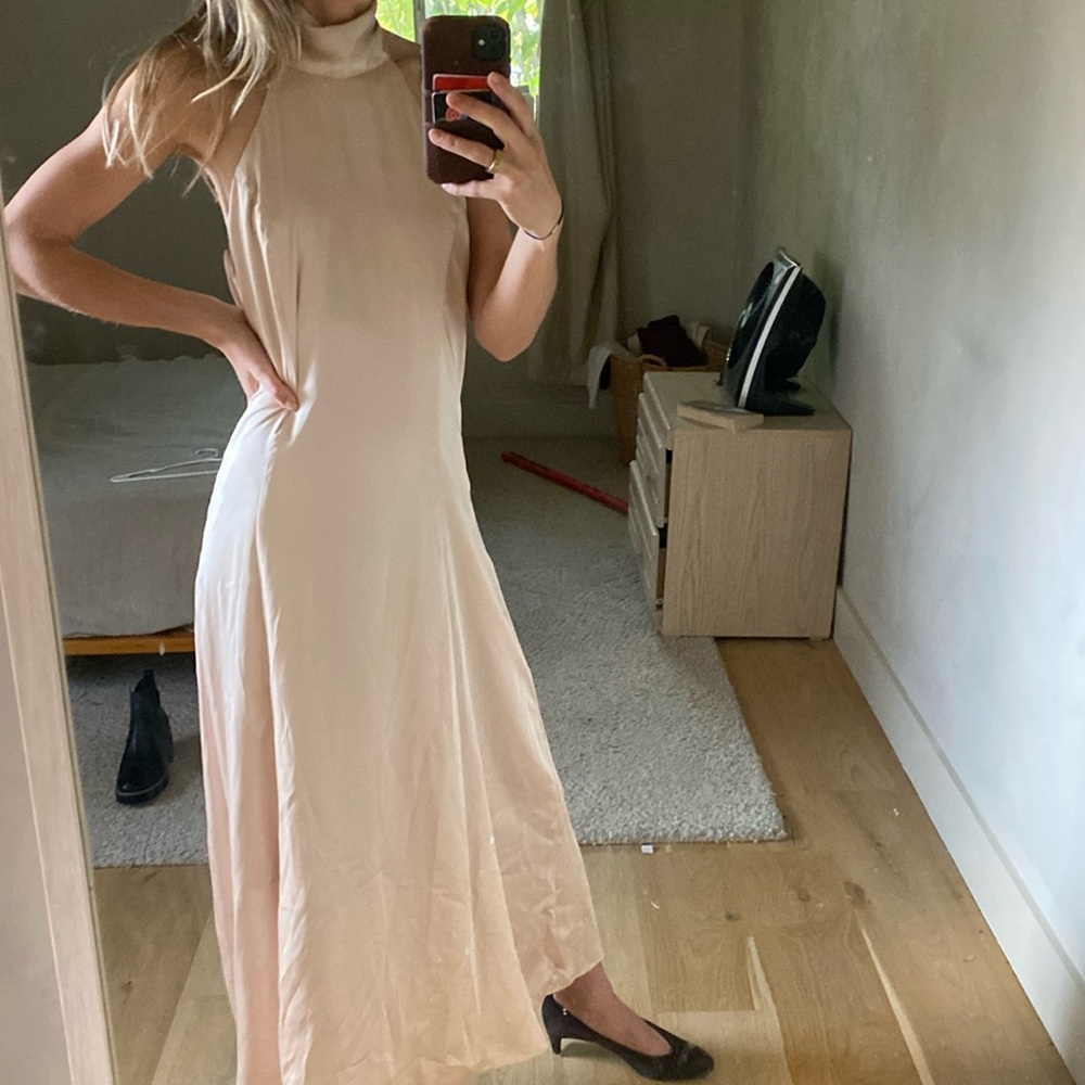 Champagne silky dress high neck tie xs
